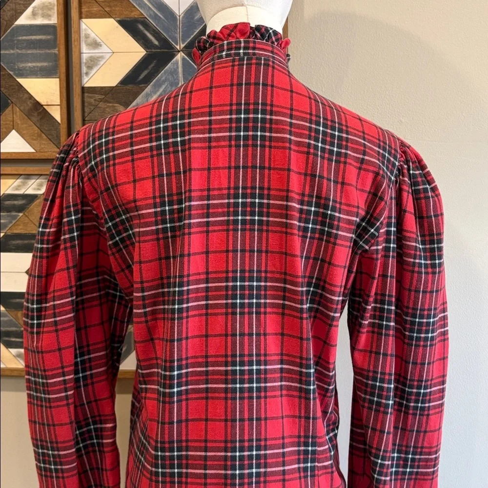 Vintage Ralph Lauren Red and Black Plaid Button-Front Puff Sleeve Top size 8